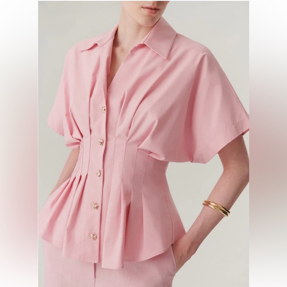 Exquise Georgia Shirt Pleated Waist Button-Up Blouse in Pastel Pink size 10 - Picture 3 of 8